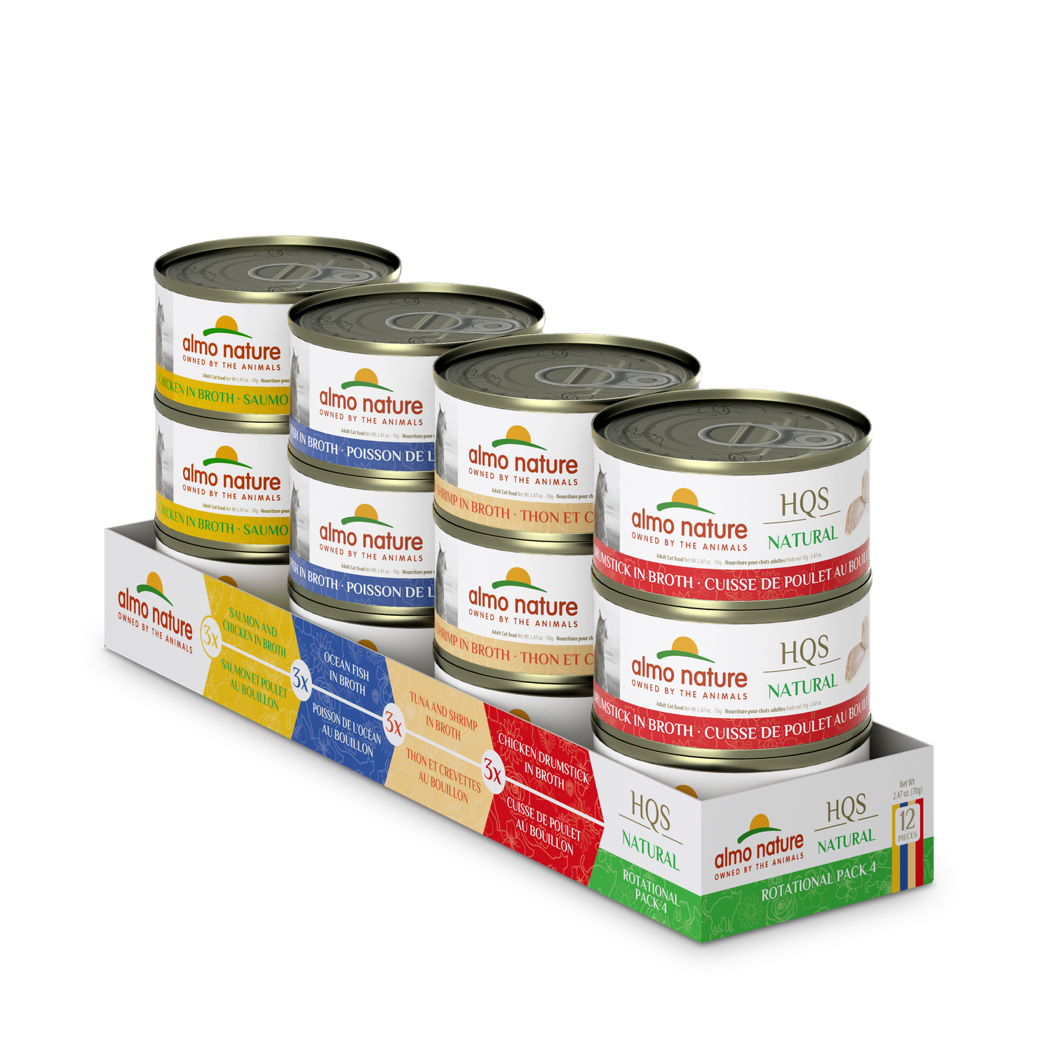 Almo Cat Hqs Natural Ocean Fish, Chicken Drumstick, Salmon/Chicken, & Tuna/Shrimp In Broth 2.47Oz/70G Case Of 12