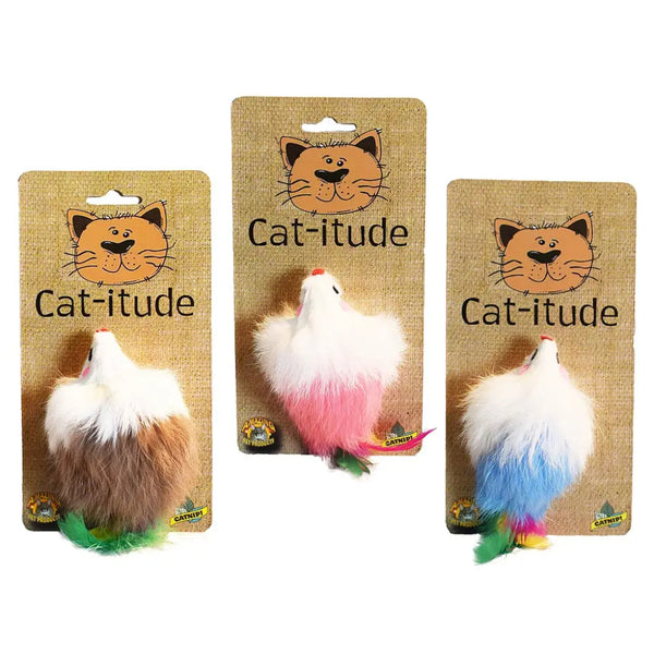 Amazing Pet Products Cat-itude Real Fur Cozy Mouse With Rattle & Feathers