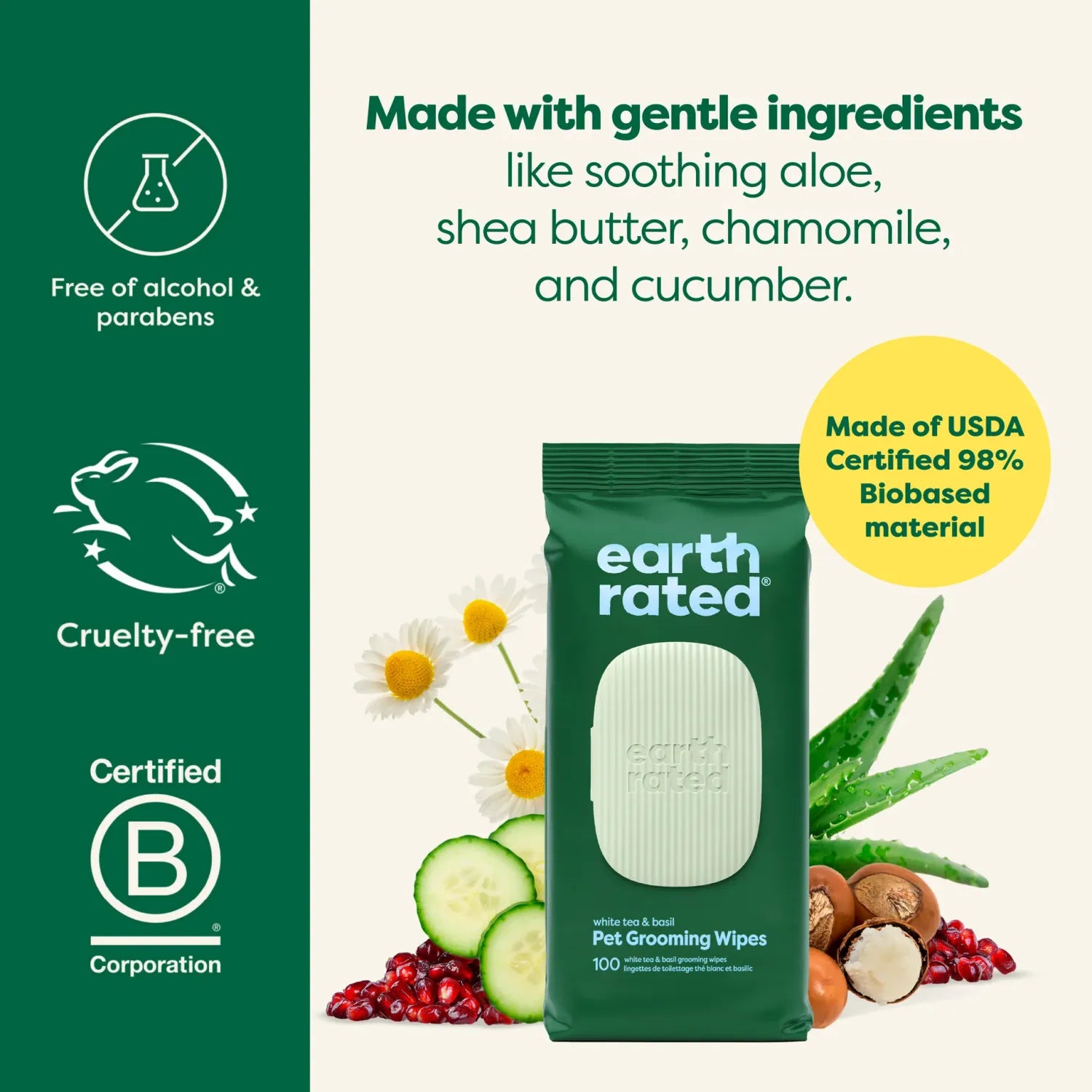Earth Rated Grooming Wipes White Tea & Basil 100Pk