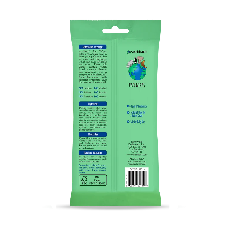 Earthbath Ear Wipes With Witch Hazel & Chamomile For Dogs & Cats 30pk