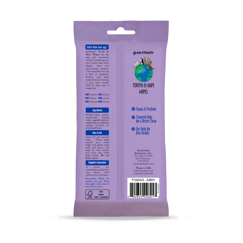 Earthbath Tooth & Gum Wipes Baking Soda & Cornmint 50ct