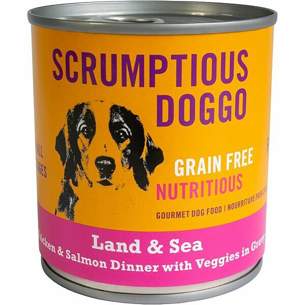 Scrumptious Doggo Land & Sea Chicken & Salmon Dinner With Veggies In Gravy 9Oz