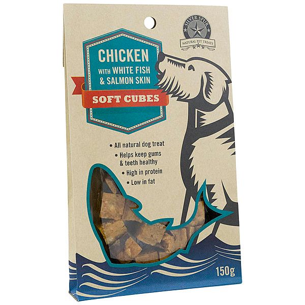 Silver Spur Chicken With White Fish & Salmon Skin Soft Cubes 150G