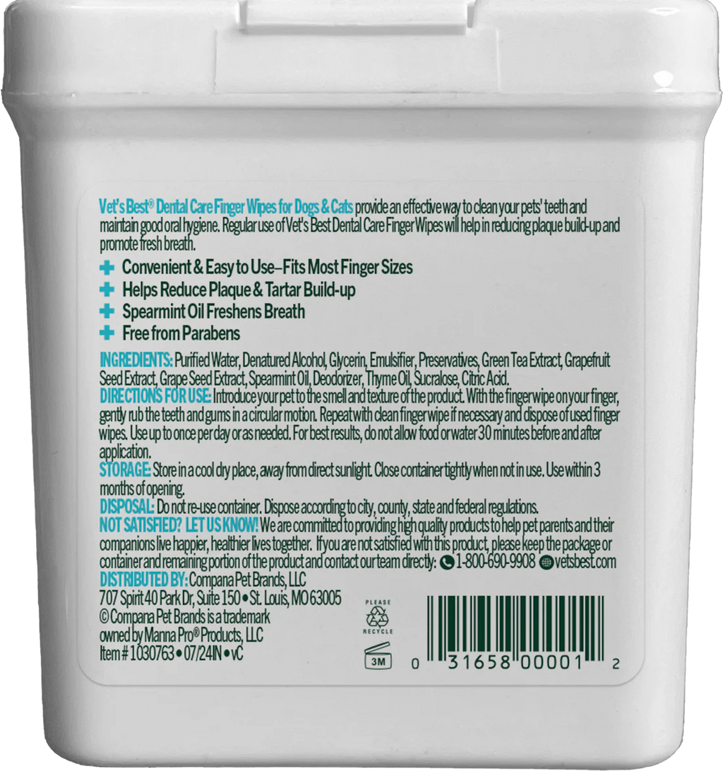 Vet's Best Dental Dog & Cat Finger Wipes 50ct