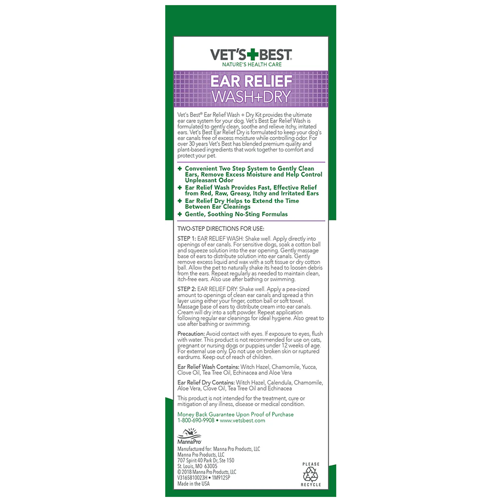 Vet'S Best Ear Relief Wash & Dry 2Pk